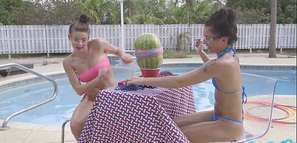  camsoda teens with big ass and big tits make a watermelon explode with rubber ba